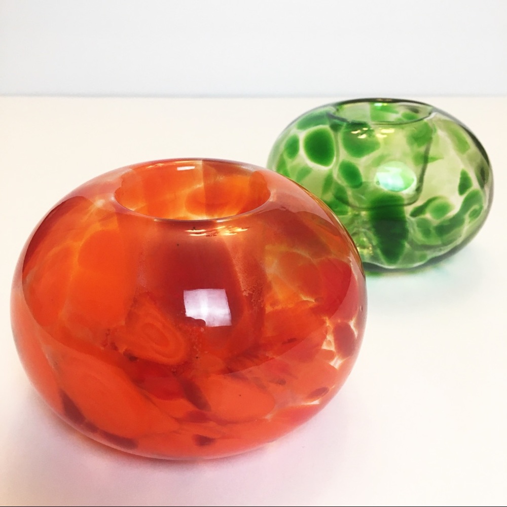 Art Glass Hand Blown Glass Pair Votive Candle Holder Green Orange Clear 5 inches